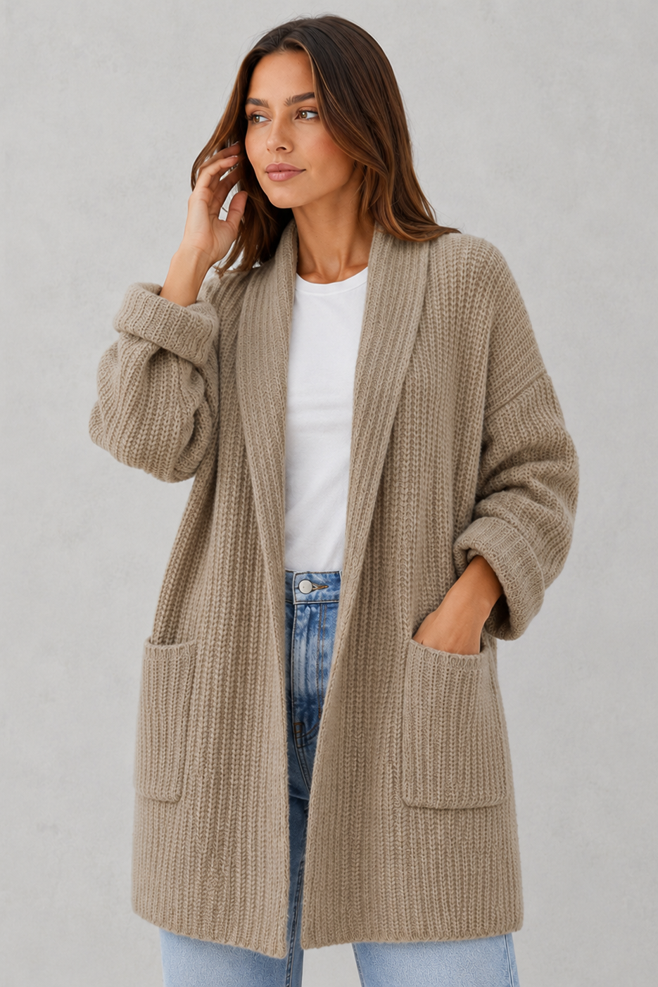 Women's Long Knit Cardigan - Open Front Chunky Knit Pocket Cardigan