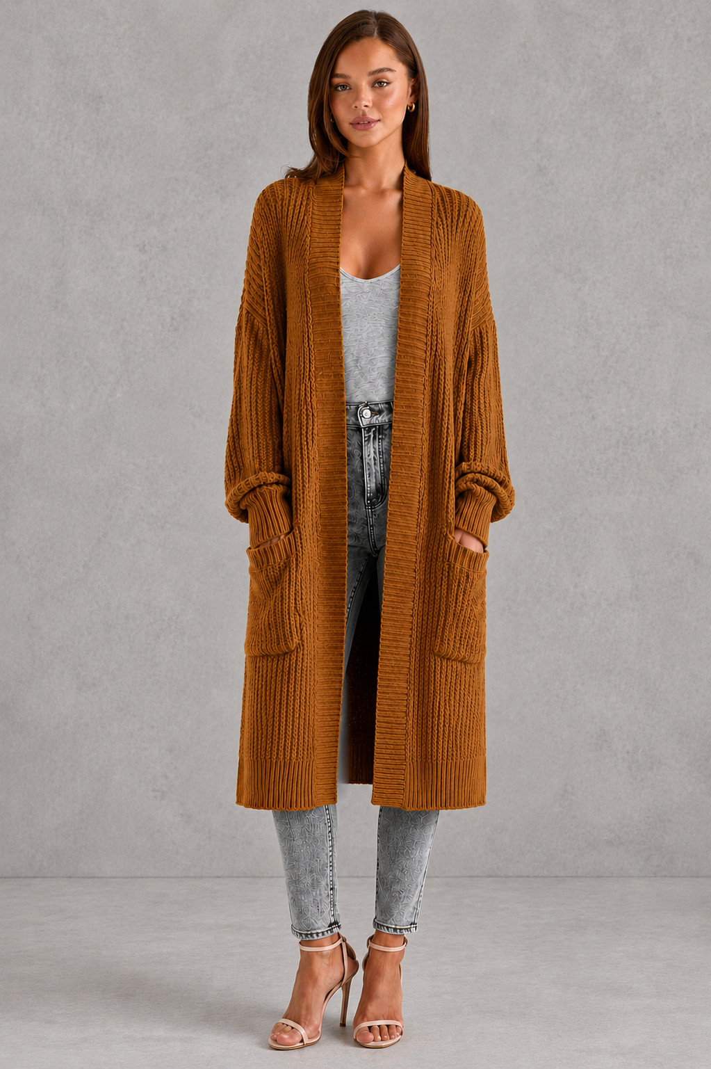Ebba | Lang Ribstrikket Cardigan med Lommer