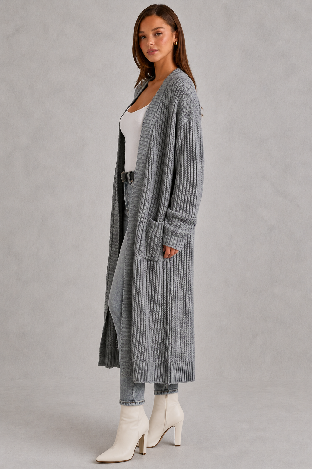 Ebba | Lang Ribstrikket Cardigan med Lommer
