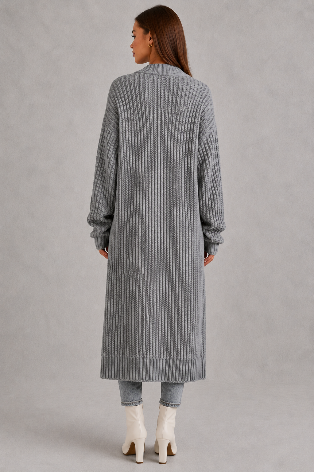 Ebba | Lang Ribstrikket Cardigan med Lommer