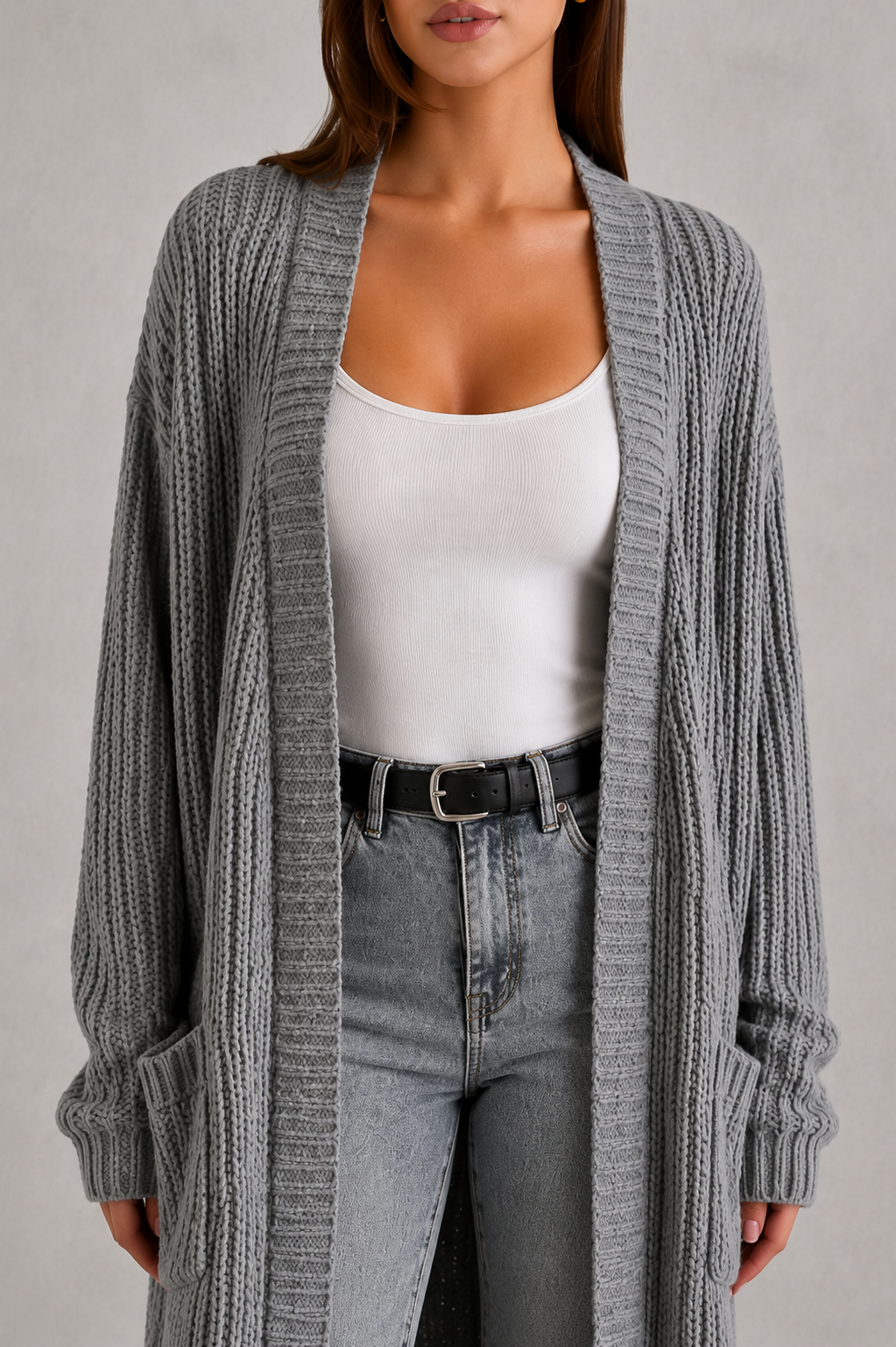Ebba | Lang Ribstrikket Cardigan med Lommer