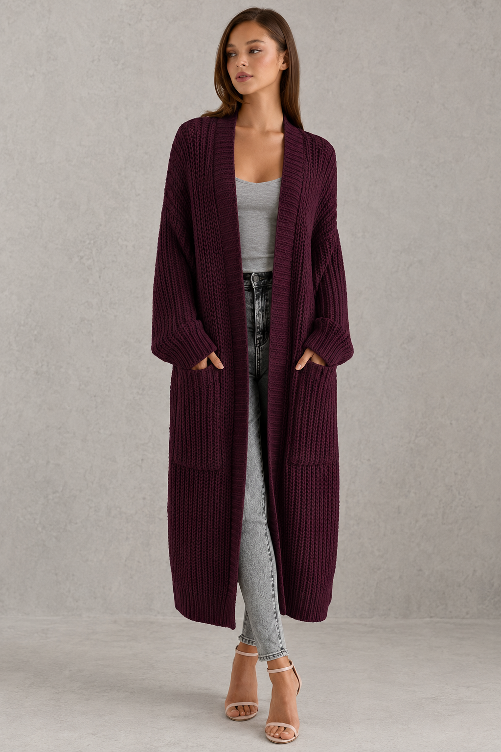 Ebba | Lang Ribstrikket Cardigan med Lommer