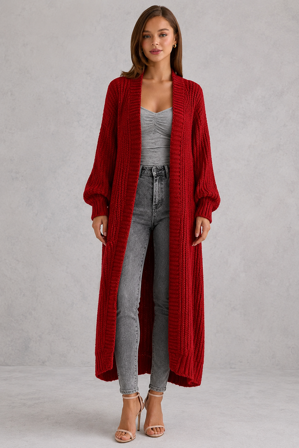 Ebba | Lang Ribstrikket Cardigan med Lommer