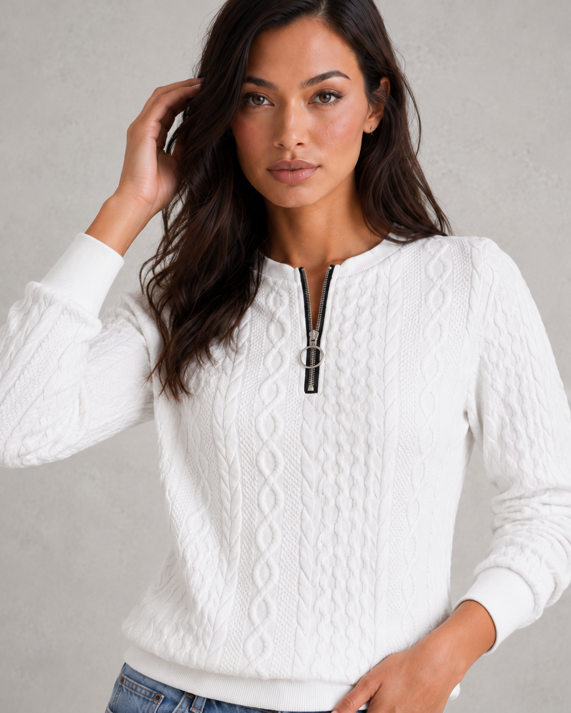 Women’s Zip-Front Cable Knit Jumper for Casual & Everyday Wear