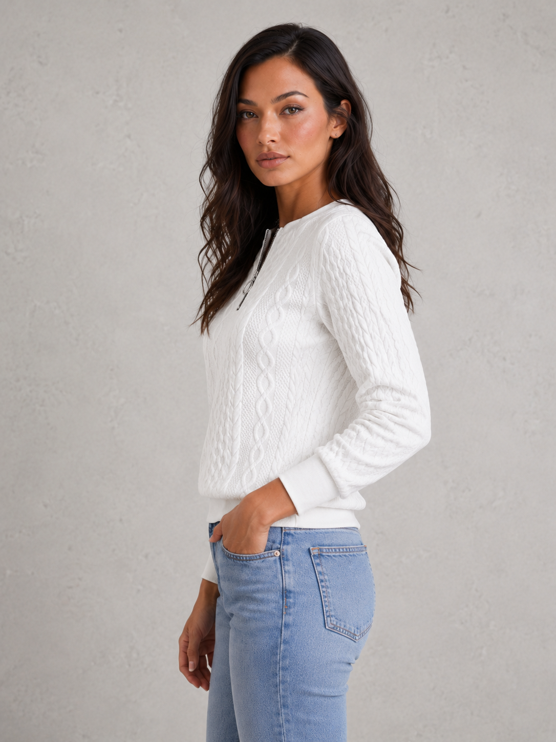 Women’s Zip-Front Cable Knit Jumper for Casual & Everyday Wear