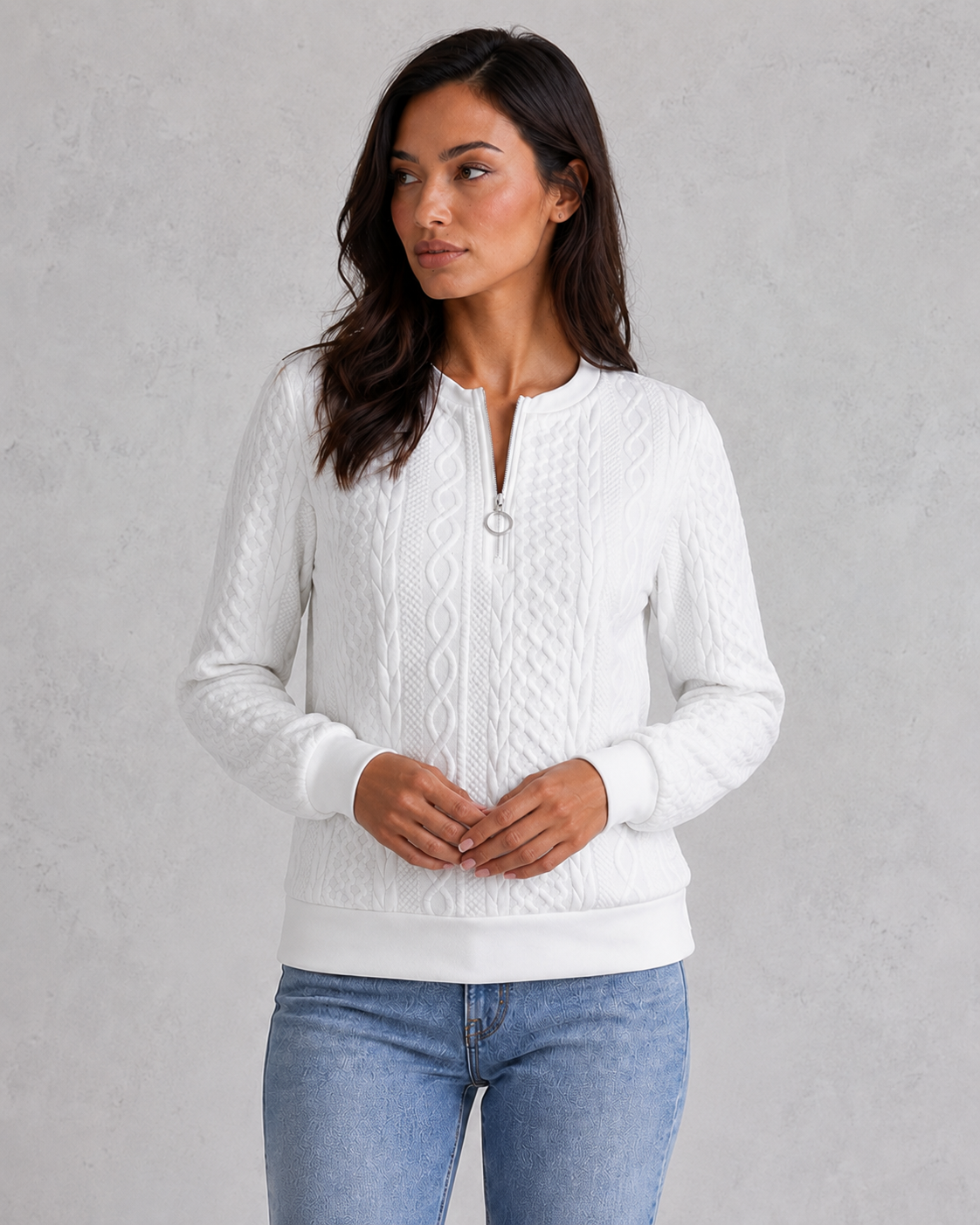 Women’s Zip-Front Cable Knit Jumper for Casual & Everyday Wear