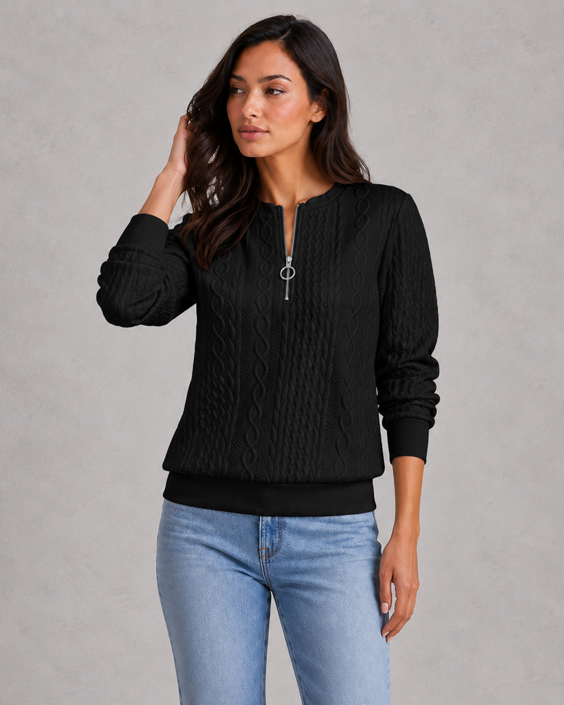 Women’s Zip-Front Cable Knit Jumper for Casual & Everyday Wear