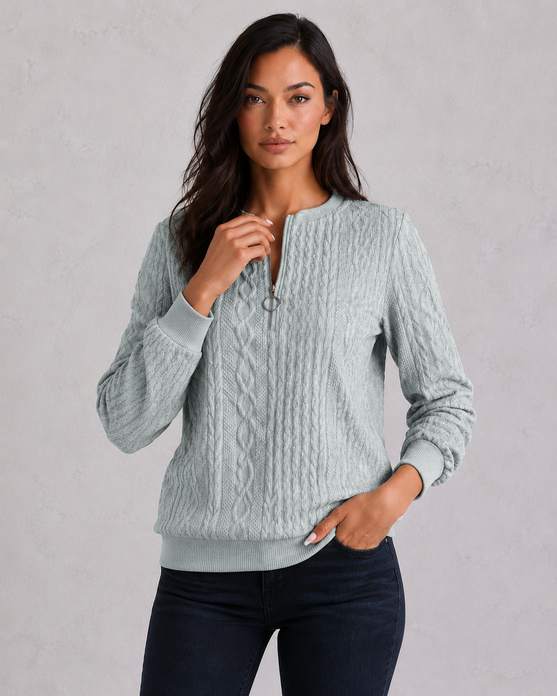 Women’s Zip-Front Cable Knit Jumper for Casual & Everyday Wear