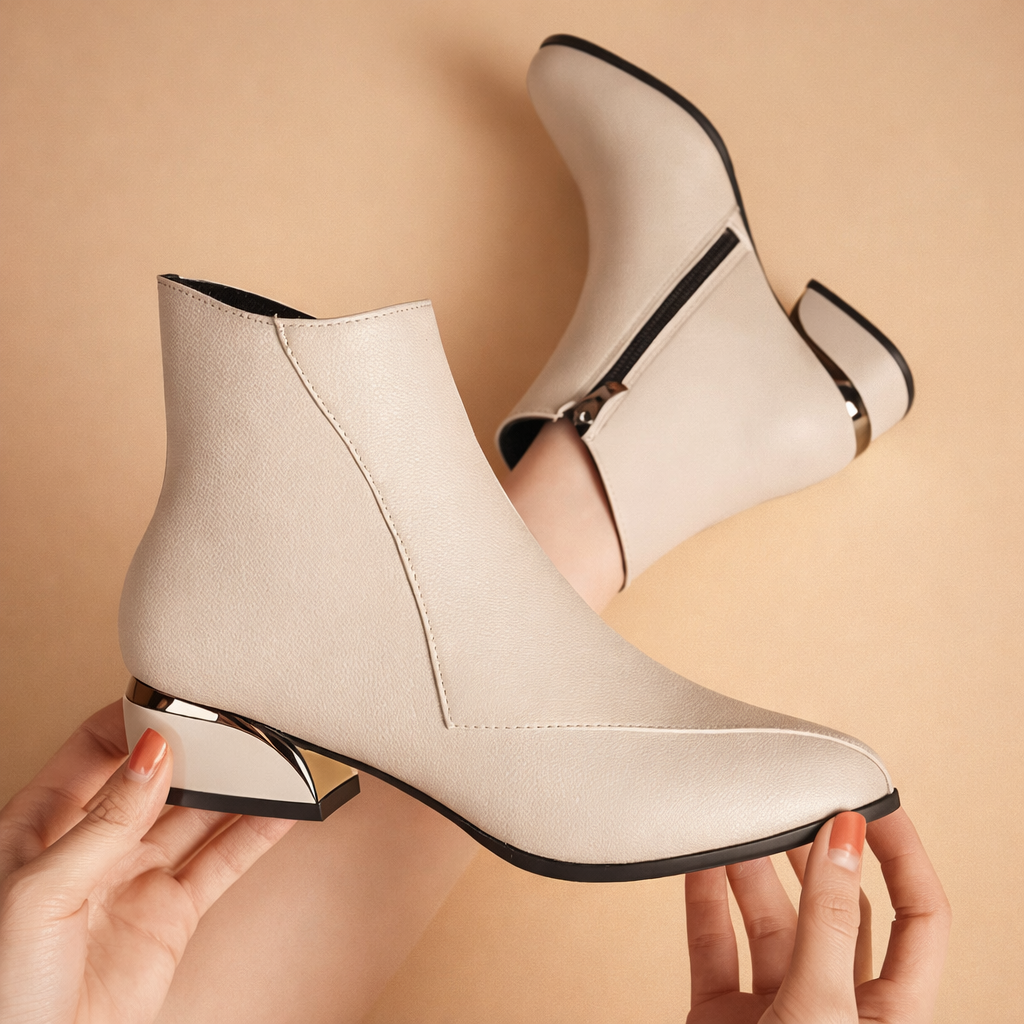 Women's Leather Ankle Boots Low Block Heel Booties