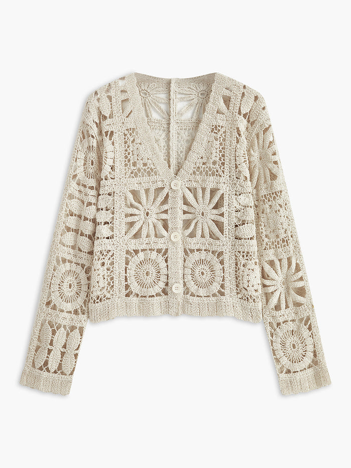Women's Crochet Knit Cardigan Long Sleeve V Neck Top