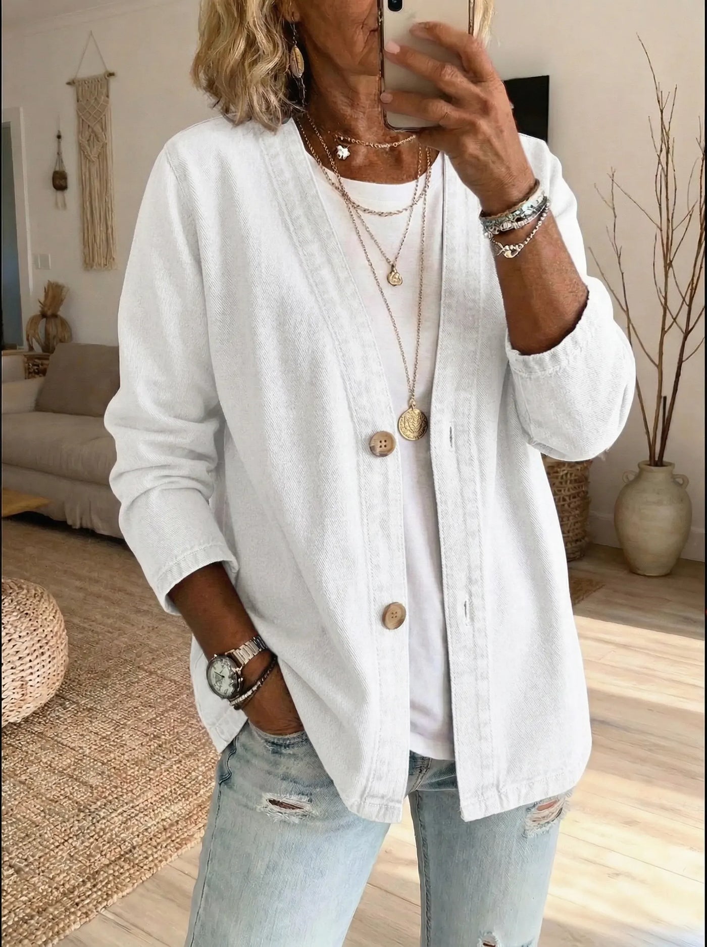 Women's Tencel Denim Long-Sleeve Button-Down Cardigan