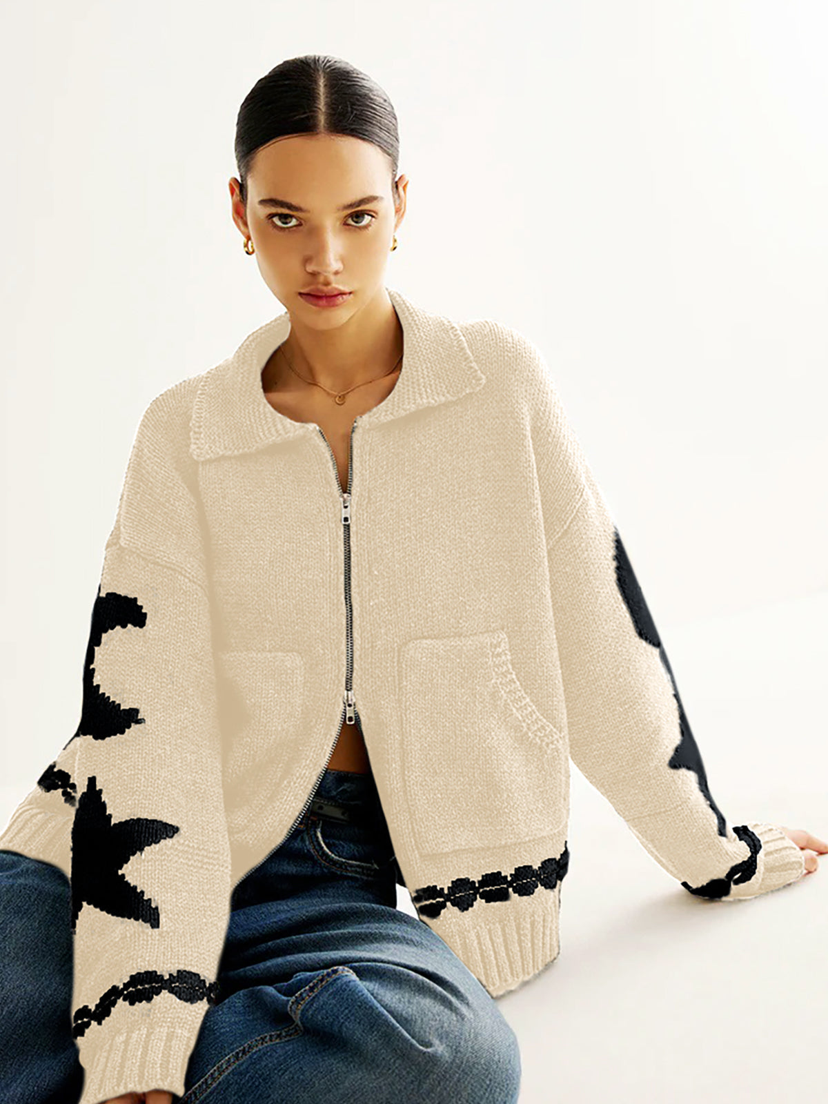 Women's Wool Star Moon Zip Up Knitted Cardigan Sweater Jacket