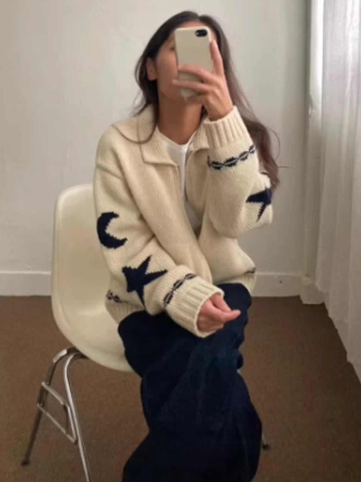 Women's Wool Star Moon Zip Up Knitted Cardigan Sweater Jacket