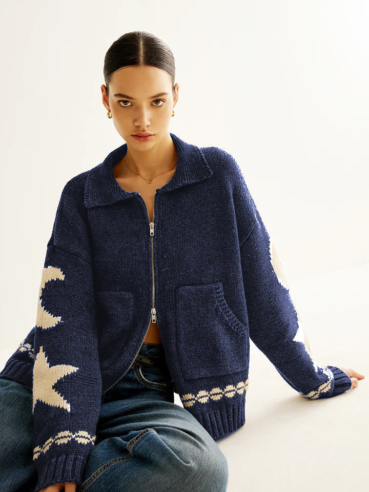 Women's Wool Star Moon Zip Up Knitted Cardigan Sweater Jacket