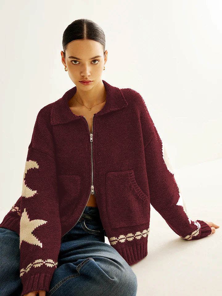 Women's Wool Star Moon Zip Up Knitted Cardigan Sweater Jacket