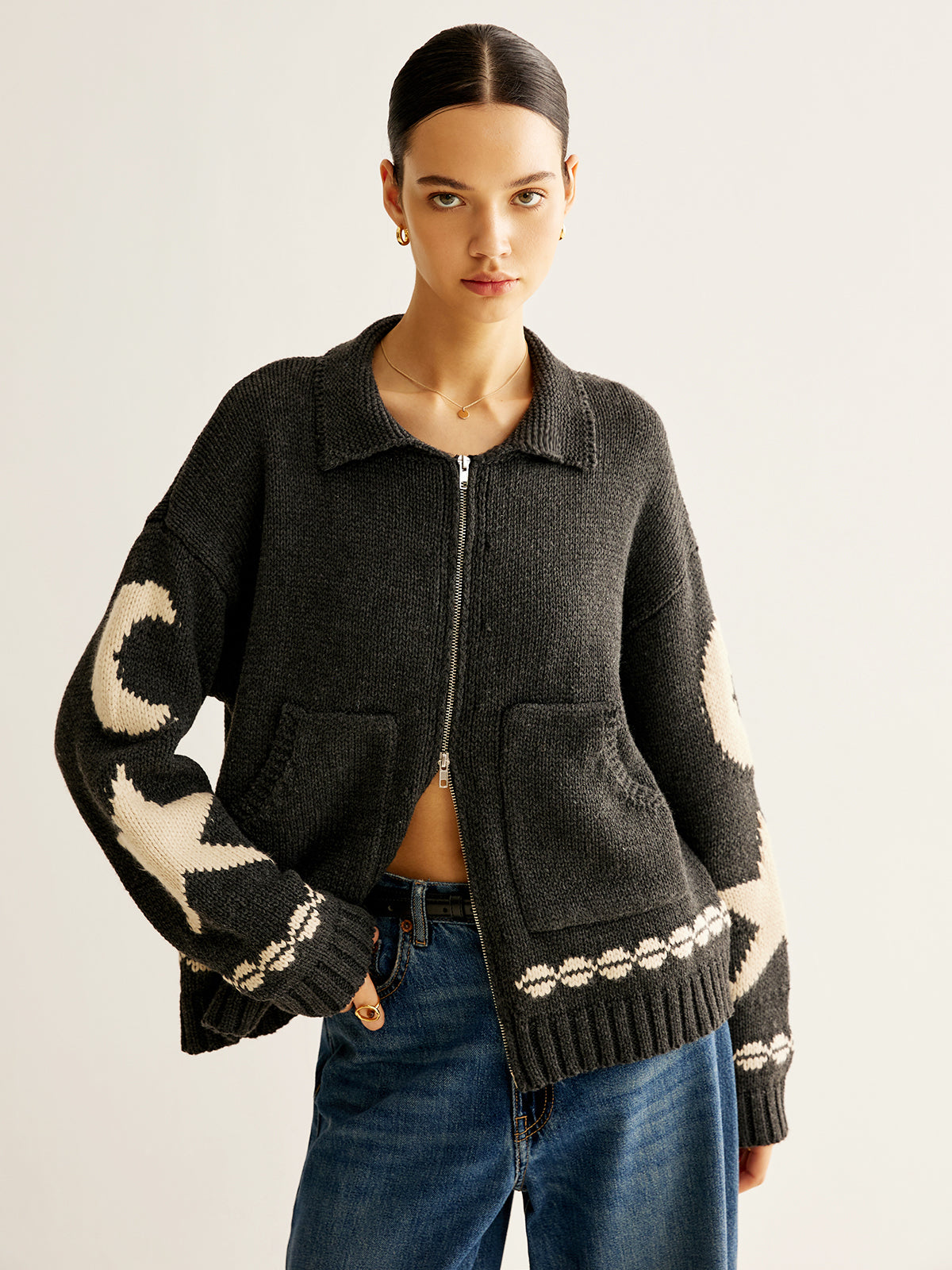 Women's Wool Star Moon Zip Up Knitted Cardigan Sweater Jacket