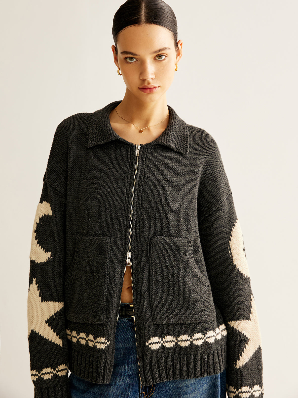 Women's Wool Star Moon Zip Up Knitted Cardigan Sweater Jacket