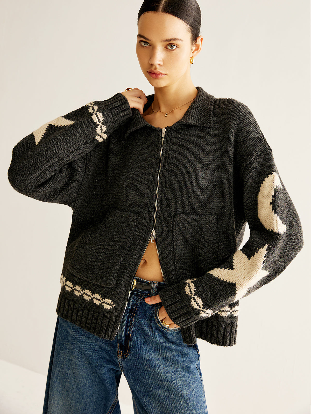 Women's Wool Star Moon Zip Up Knitted Cardigan Sweater Jacket