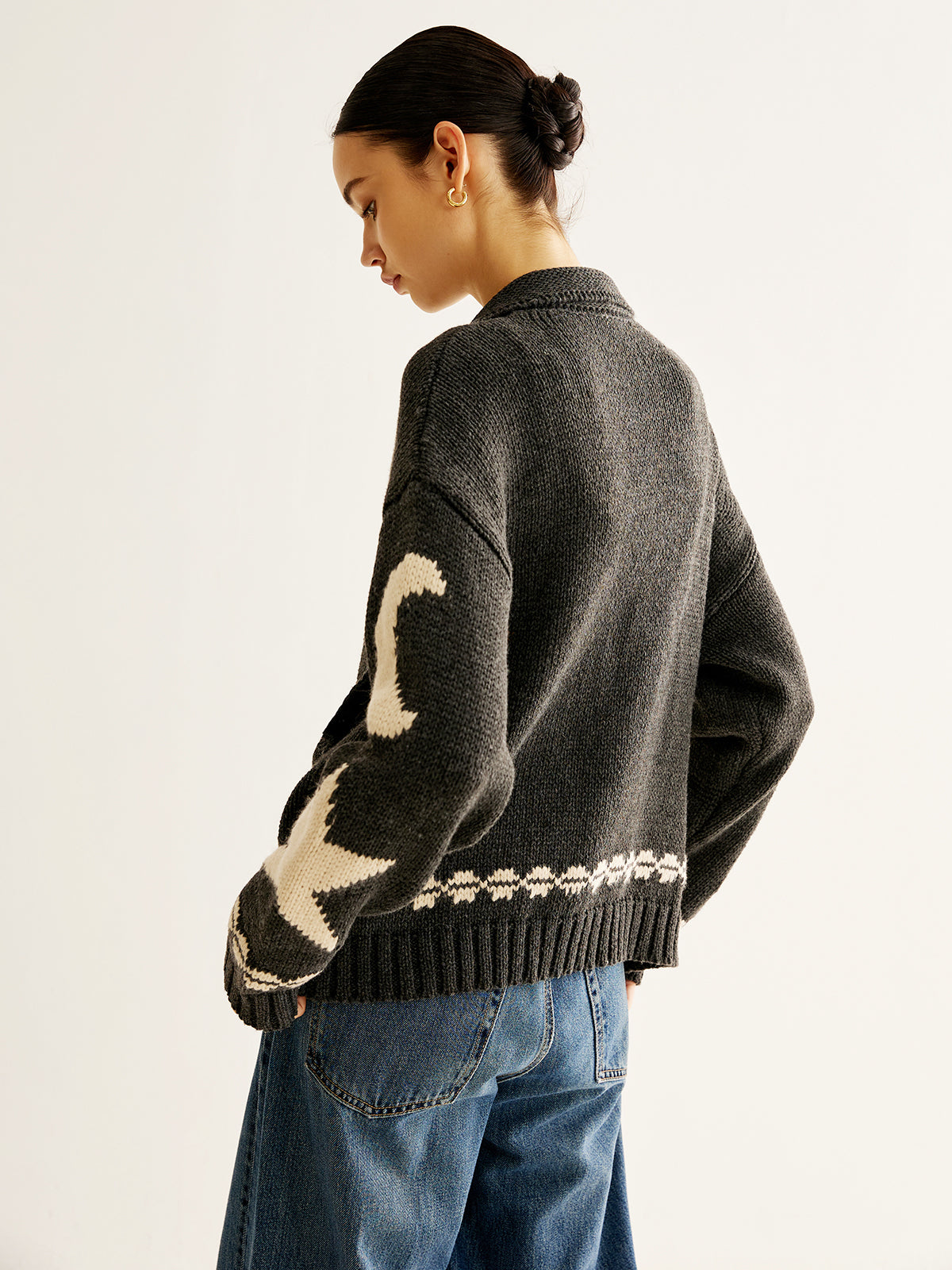 Women's Wool Star Moon Zip Up Knitted Cardigan Sweater Jacket