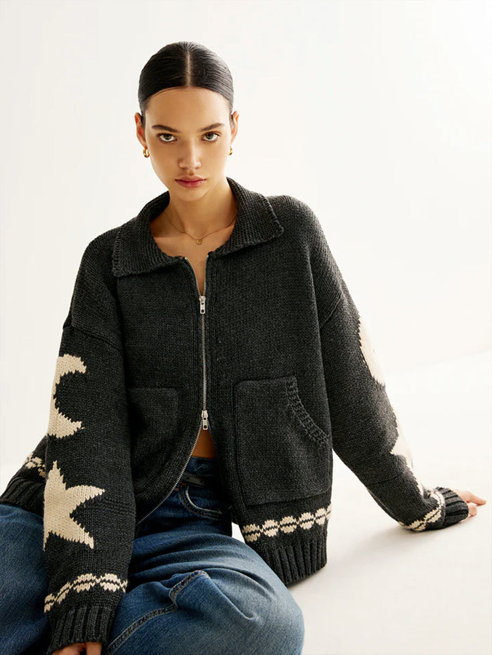 Women's Wool Star Moon Zip Up Knitted Cardigan Sweater Jacket