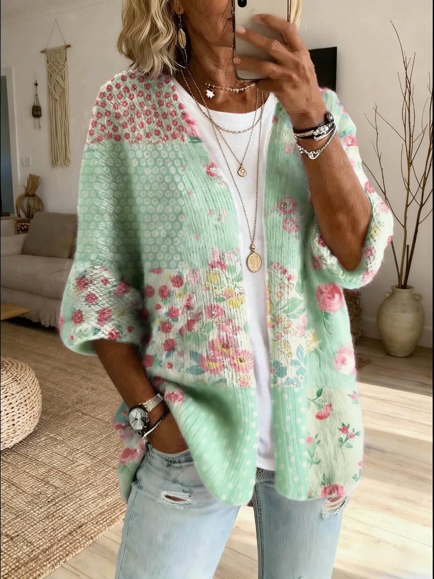 Women's Knit Sweater Floral Patchwork Boho Cardigan