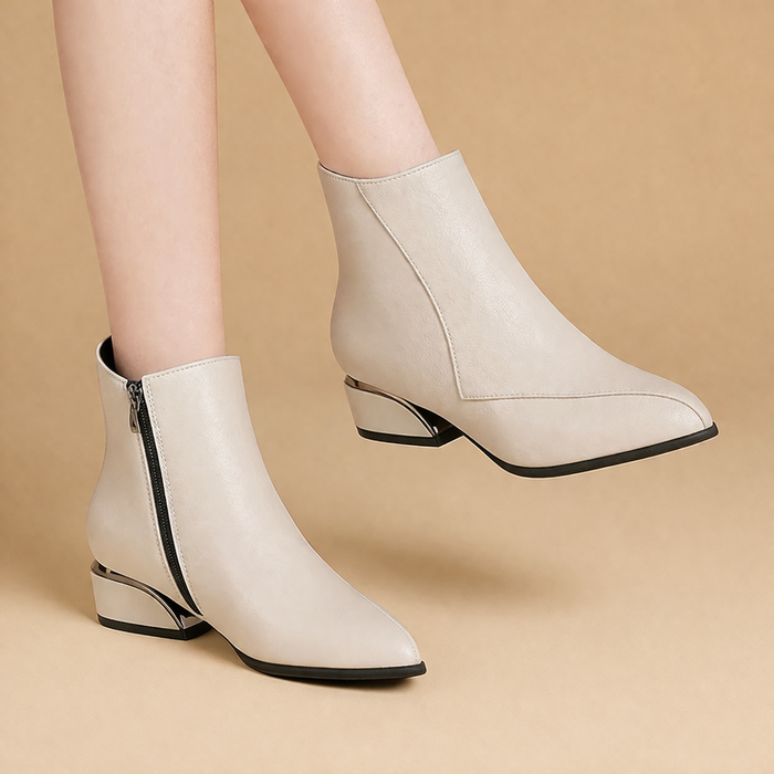 Women's Leather Ankle Boots Low Block Heel Booties