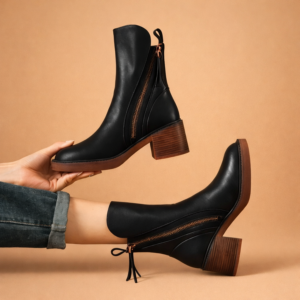 Women's Leather Side Zip Block Heel Ankle Boots