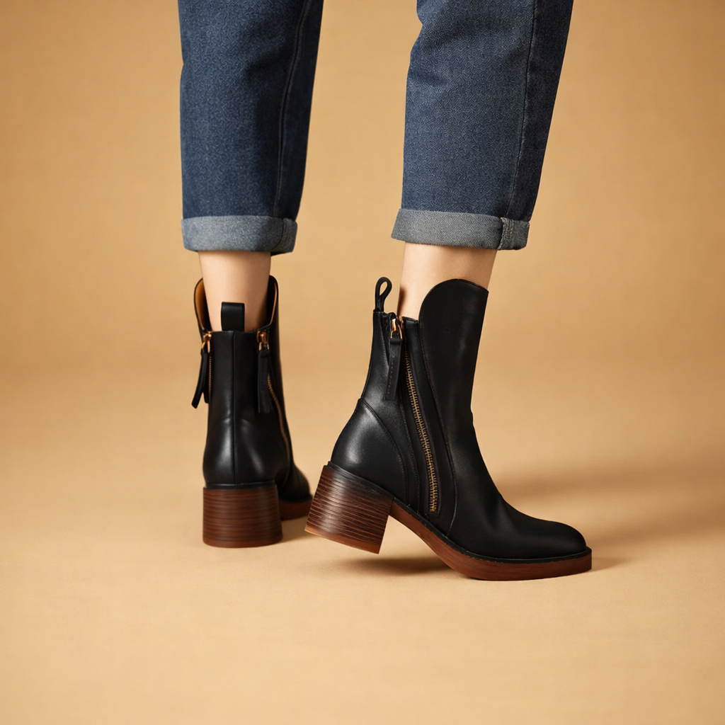 Women's Leather Side Zip Block Heel Ankle Boots