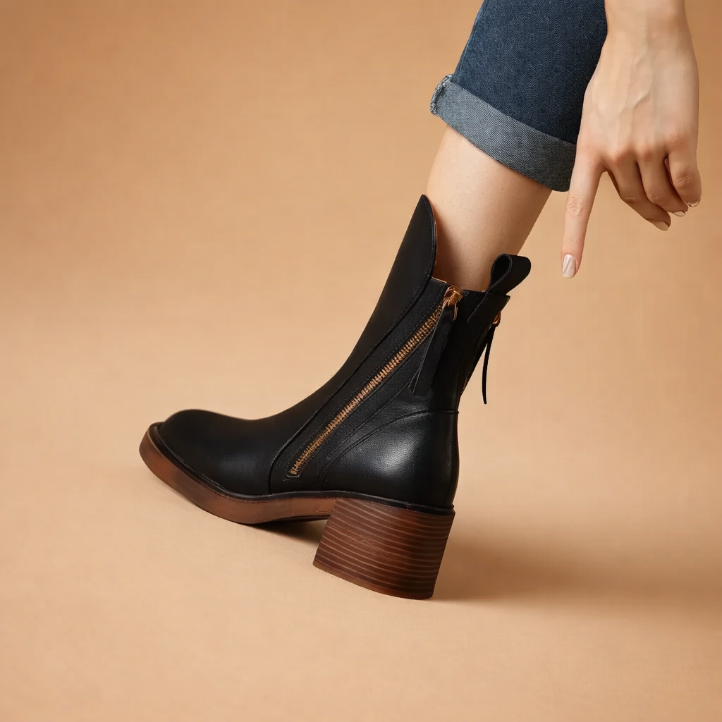 Women's Leather Side Zip Block Heel Ankle Boots
