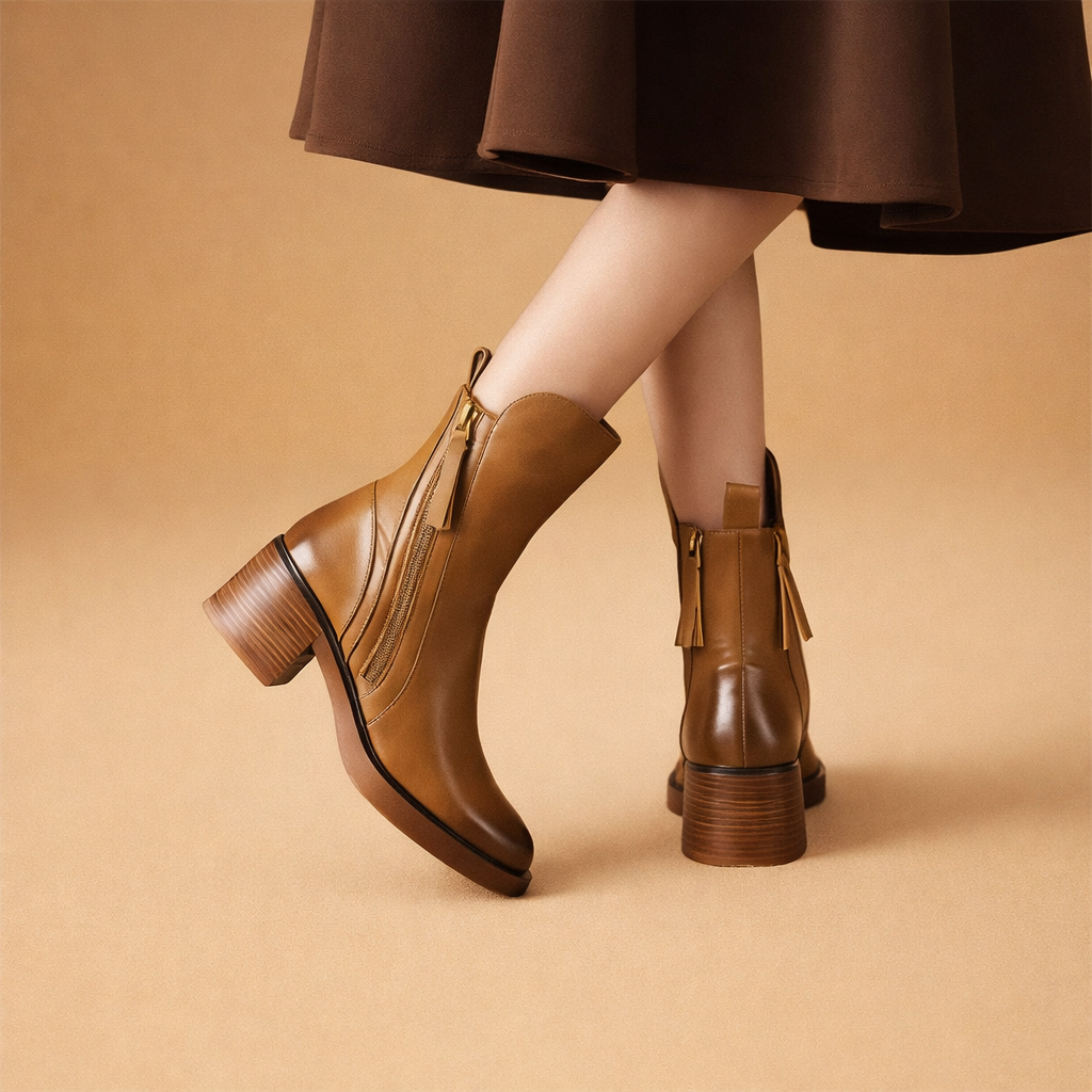 Women's Leather Side Zip Block Heel Ankle Boots