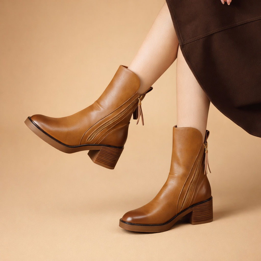 Women's Leather Side Zip Block Heel Ankle Boots