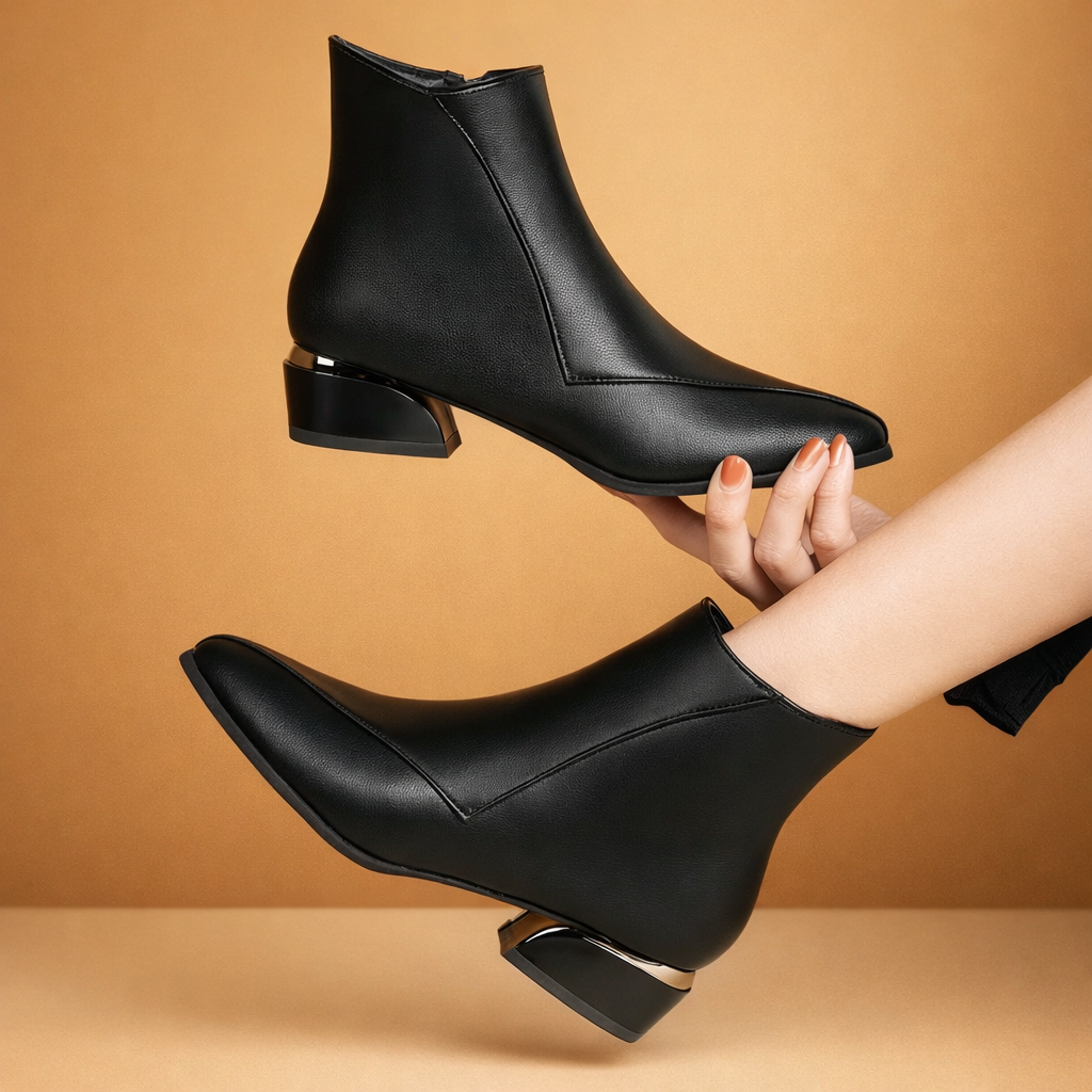 Women's Leather Ankle Boots Low Block Heel Booties