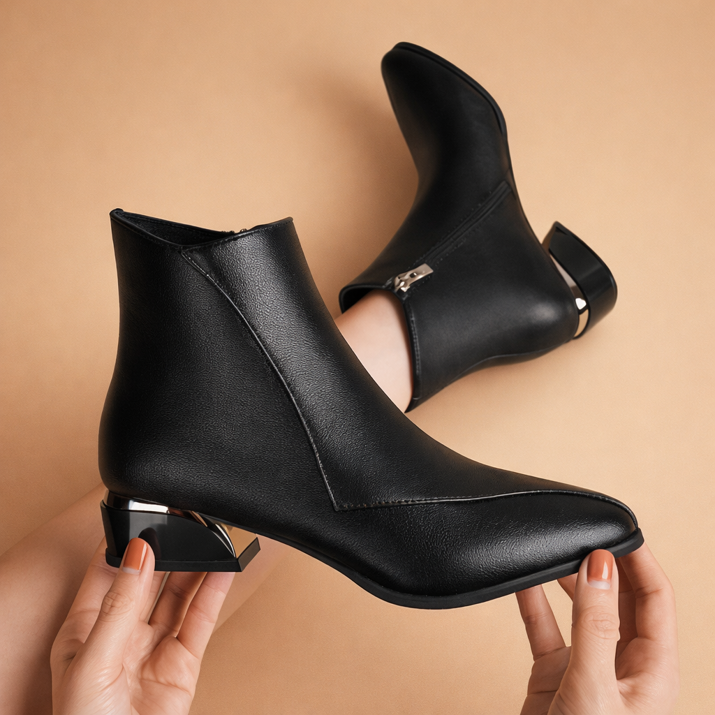 Women's Leather Ankle Boots Low Block Heel Booties