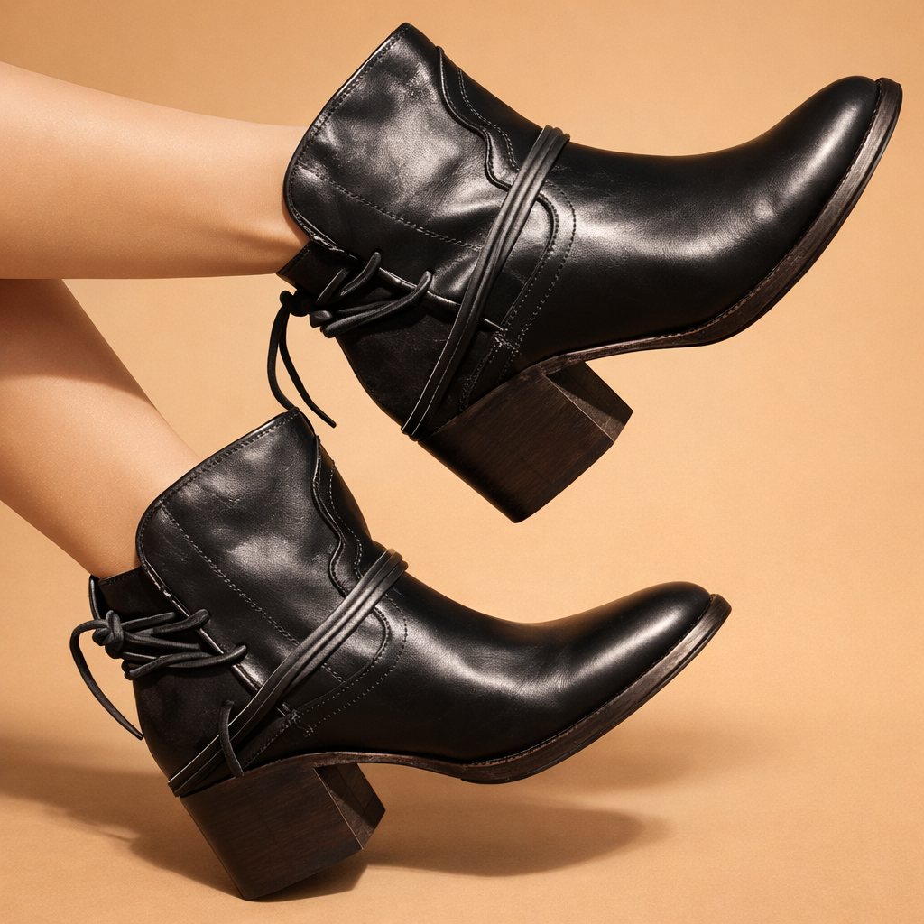Women's Leather Stacked Block Heel Lace-Tie Strap Ankle Booties