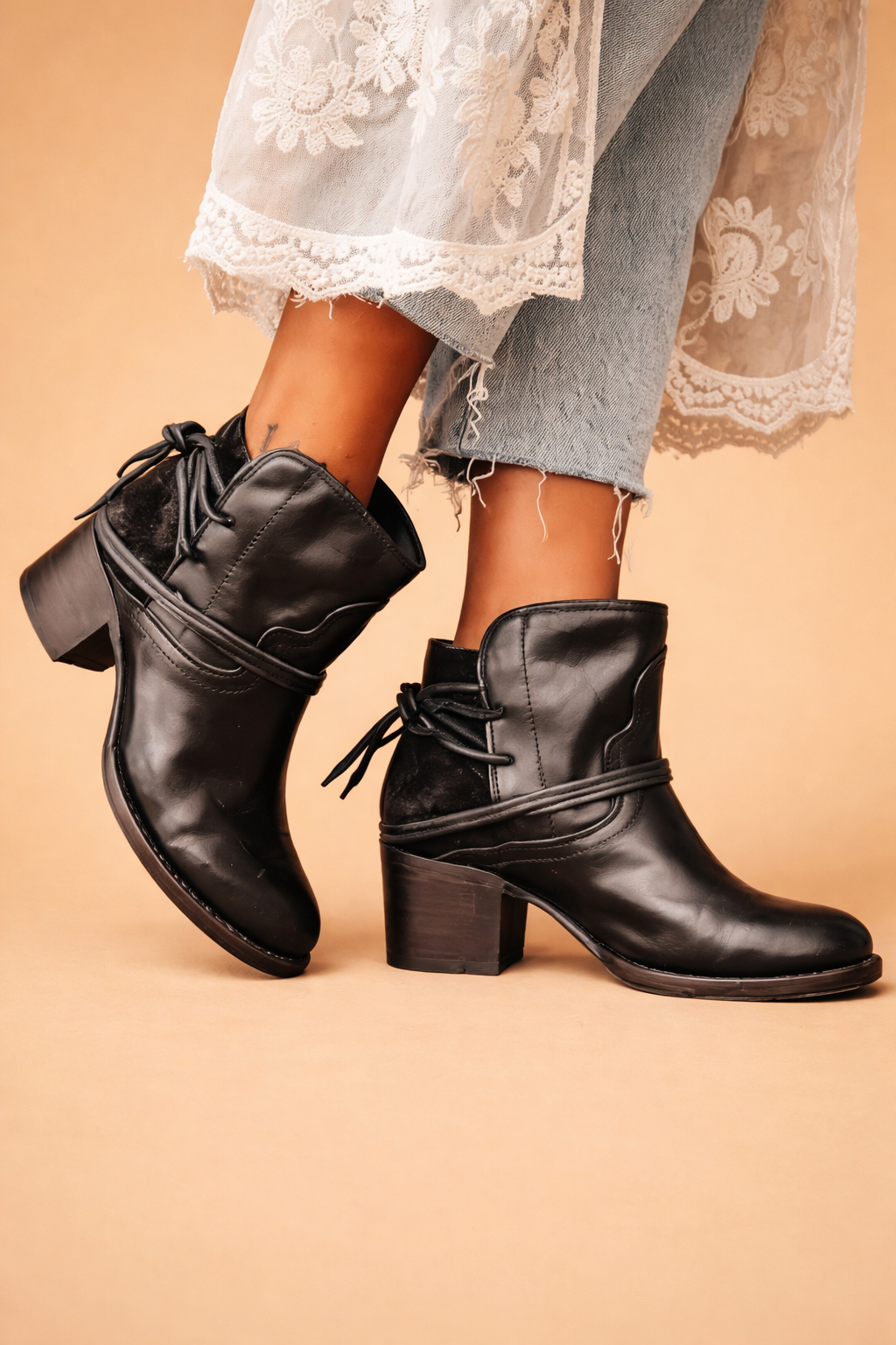 Women's Leather Stacked Block Heel Lace-Tie Strap Ankle Booties