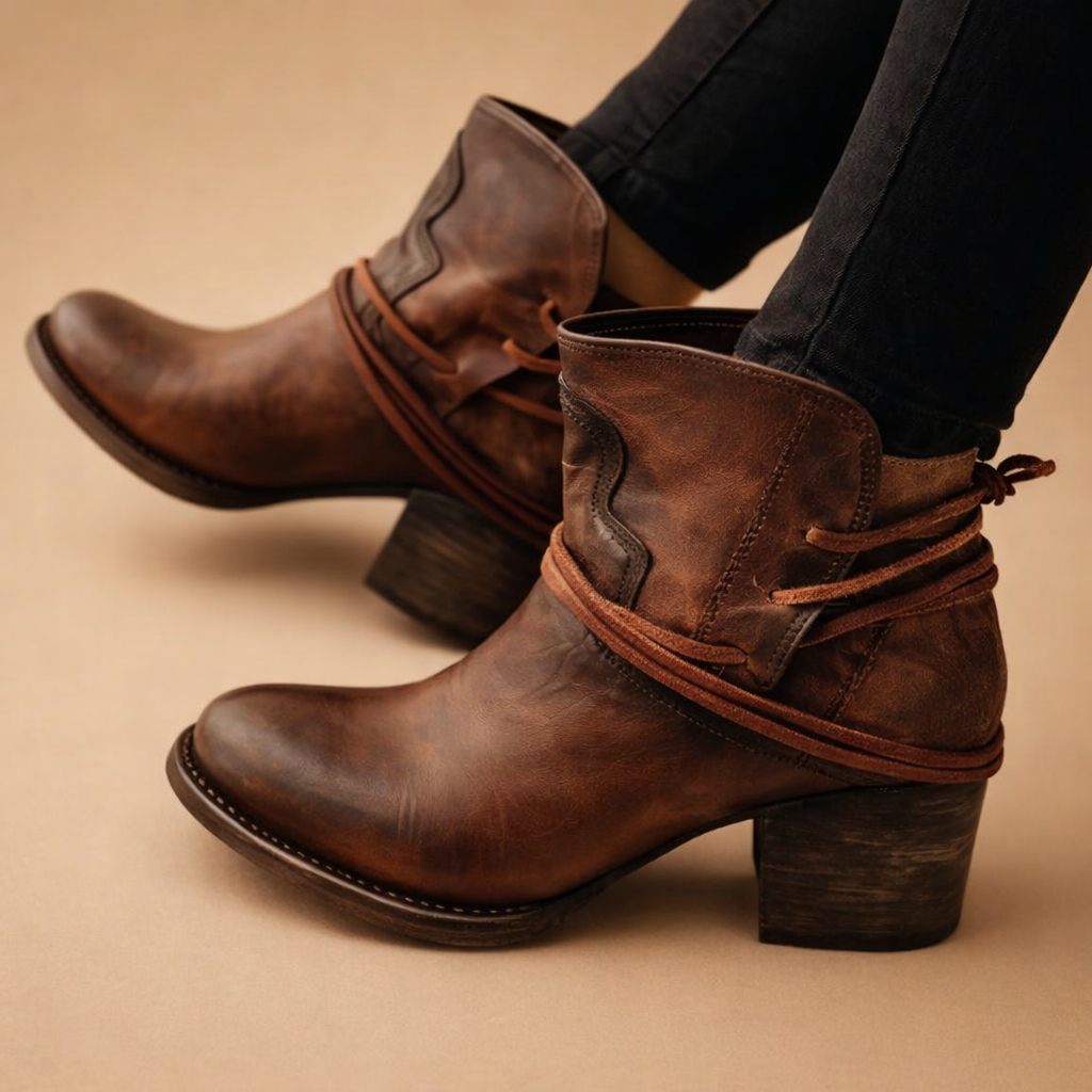 Women's Leather Stacked Block Heel Lace-Tie Strap Ankle Booties
