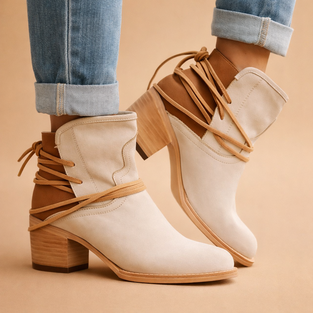 Women's Leather Stacked Block Heel Lace-Tie Strap Ankle Booties