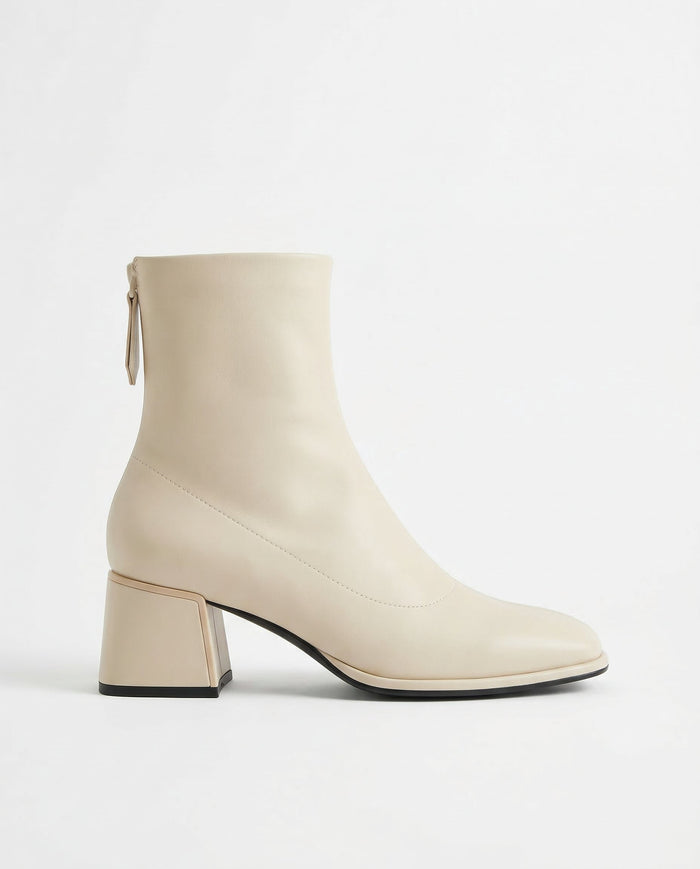 Women's Leather Ankle Boots Square Toe Block Heel Booties