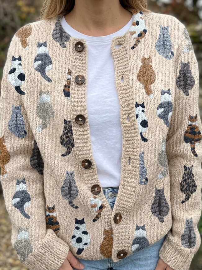 Women's Wool Cat-Knit Button-Up Cardigan Sweater