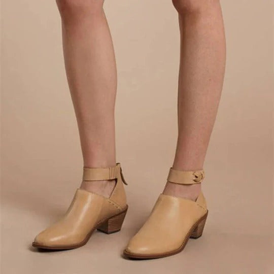 Women's Leather Cutout Low Heel Ankle Boots Side Zip Booties