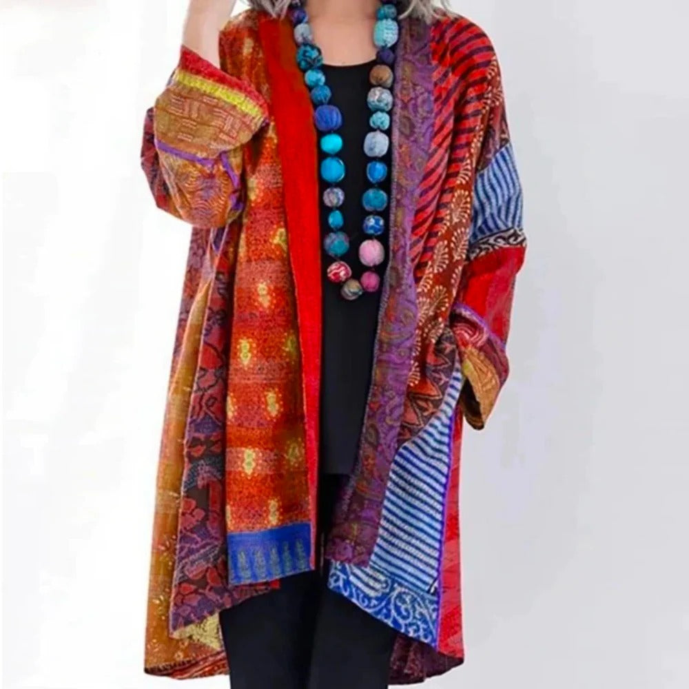 Women's Kimono Cardigan Open Front Boho Printed Linen Jacket