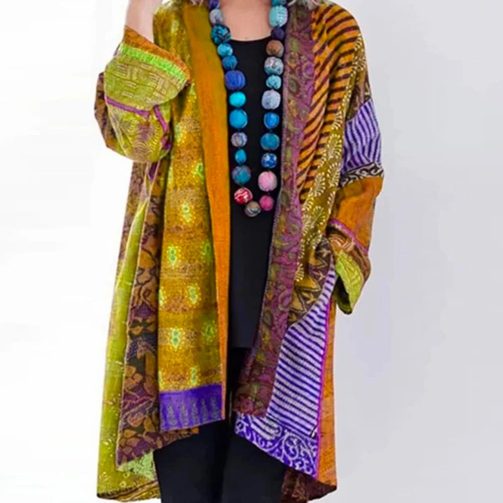 Women's Kimono Cardigan Open Front Boho Printed Linen Jacket