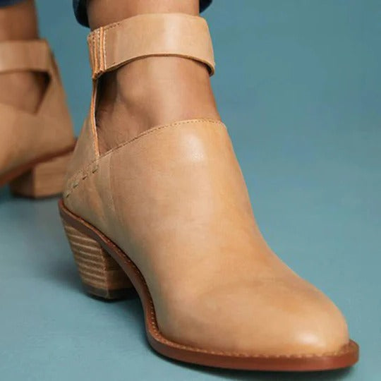 Women's Leather Cutout Low Heel Ankle Boots Side Zip Booties