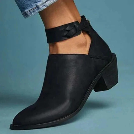 Women's Leather Cutout Low Heel Ankle Boots Side Zip Booties