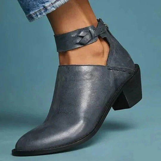 Women's Leather Cutout Low Heel Ankle Boots Side Zip Booties
