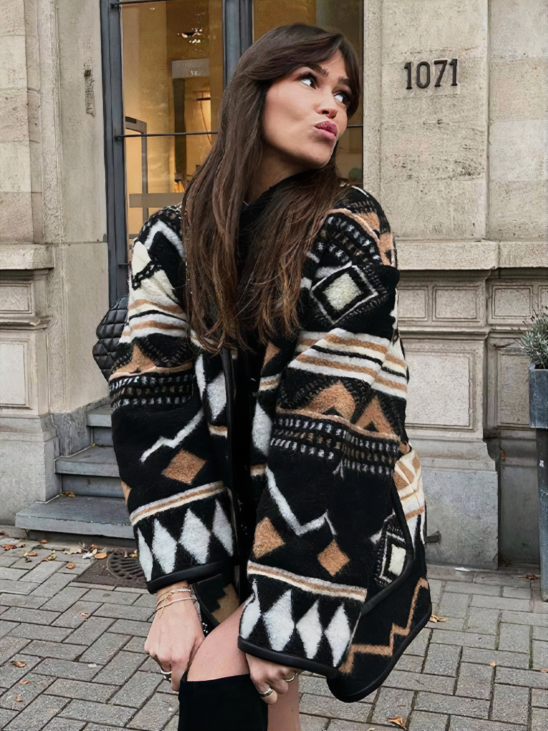 Women's Fleece Aztec Geometric Print Jacket Cardigan Coat