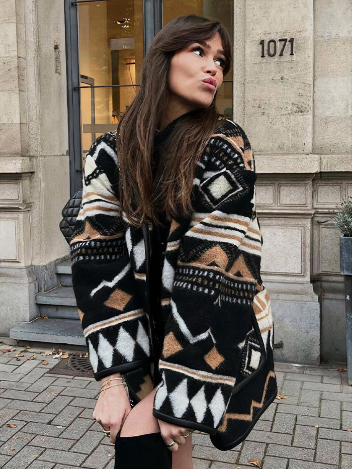 Women's Fleece Aztec Geometric Print Jacket Cardigan Coat