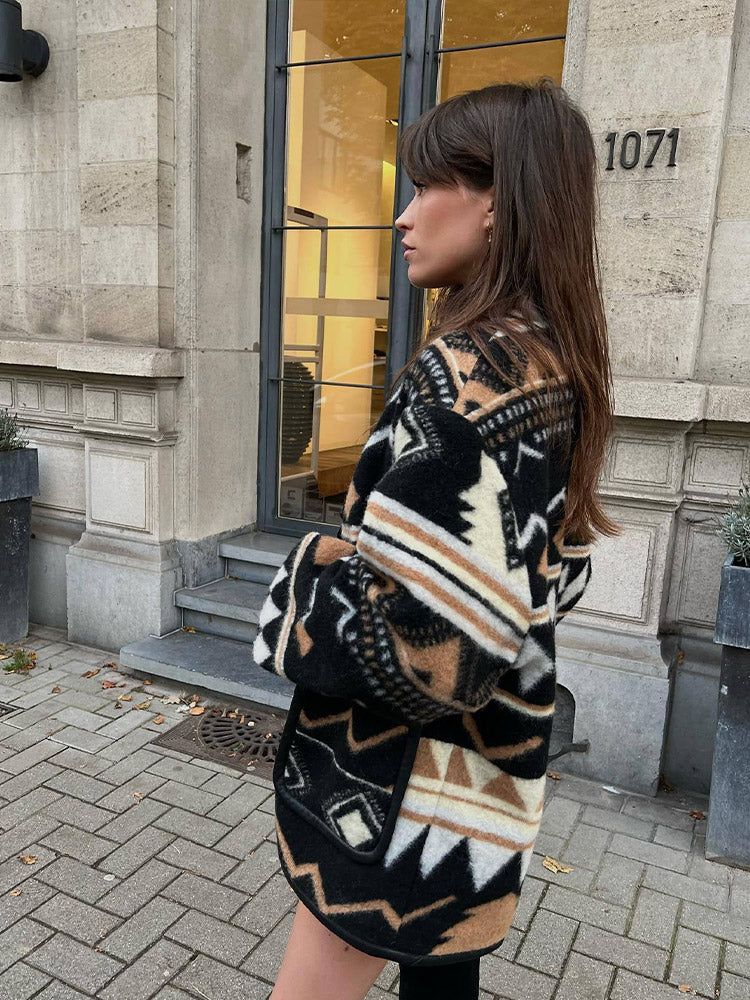 Women's Fleece Aztec Geometric Print Jacket Cardigan Coat