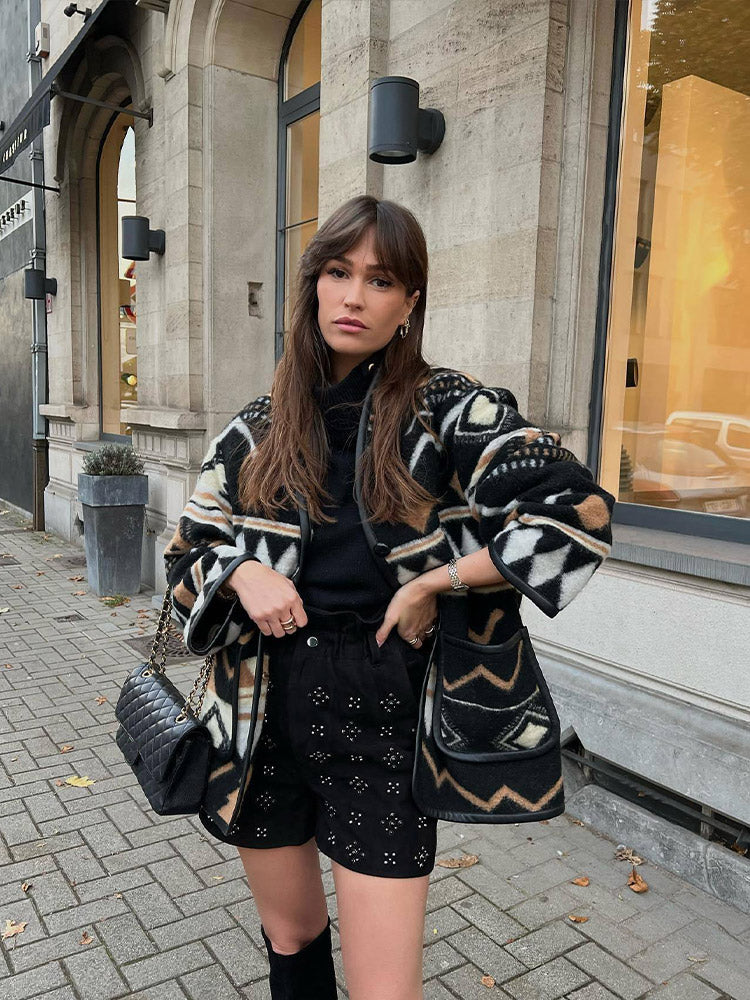 Women's Fleece Aztec Geometric Print Jacket Cardigan Coat
