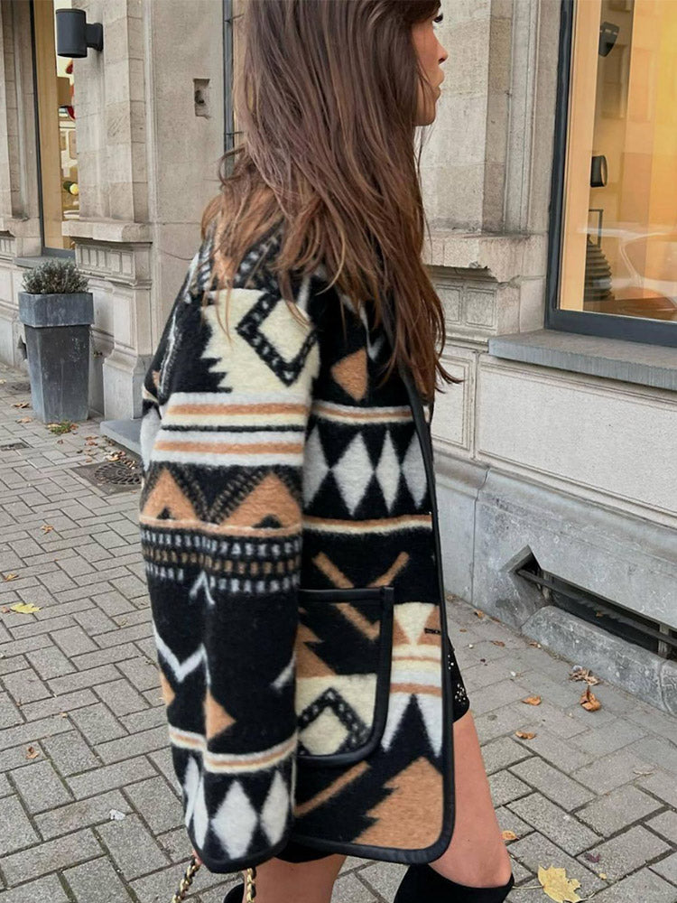Women's Fleece Aztec Geometric Print Jacket Cardigan Coat